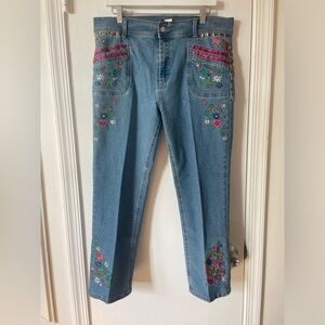VENUS Denim Straight Leg Jeans with Pink & Green Floral Embroidery